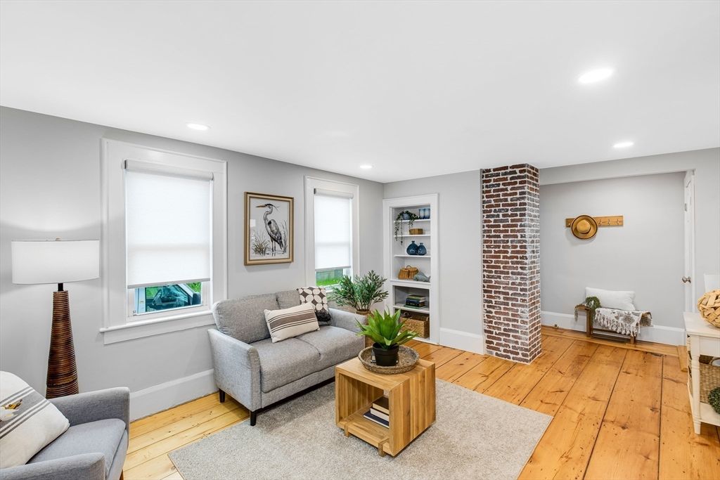 Fireplace, Interior, Living room, Recessed Lighting, Stone Walls, Wood Texture Flooring