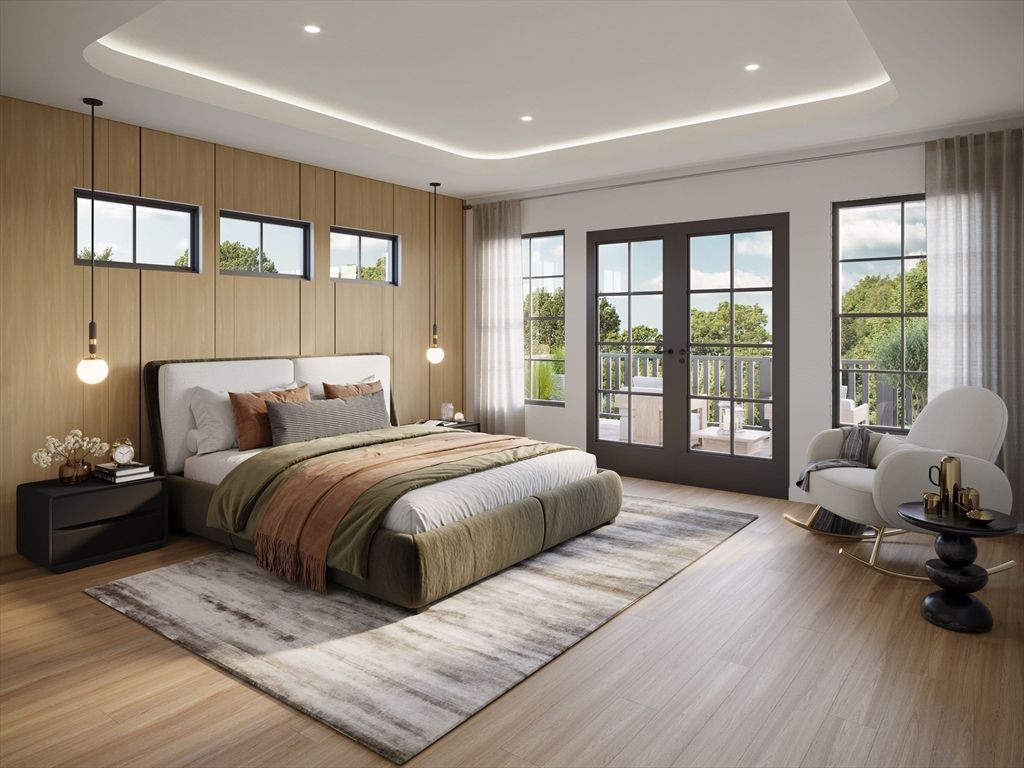 Bedroom, Interior, Pendant Lights, Recessed Lighting, Wood Texture Flooring