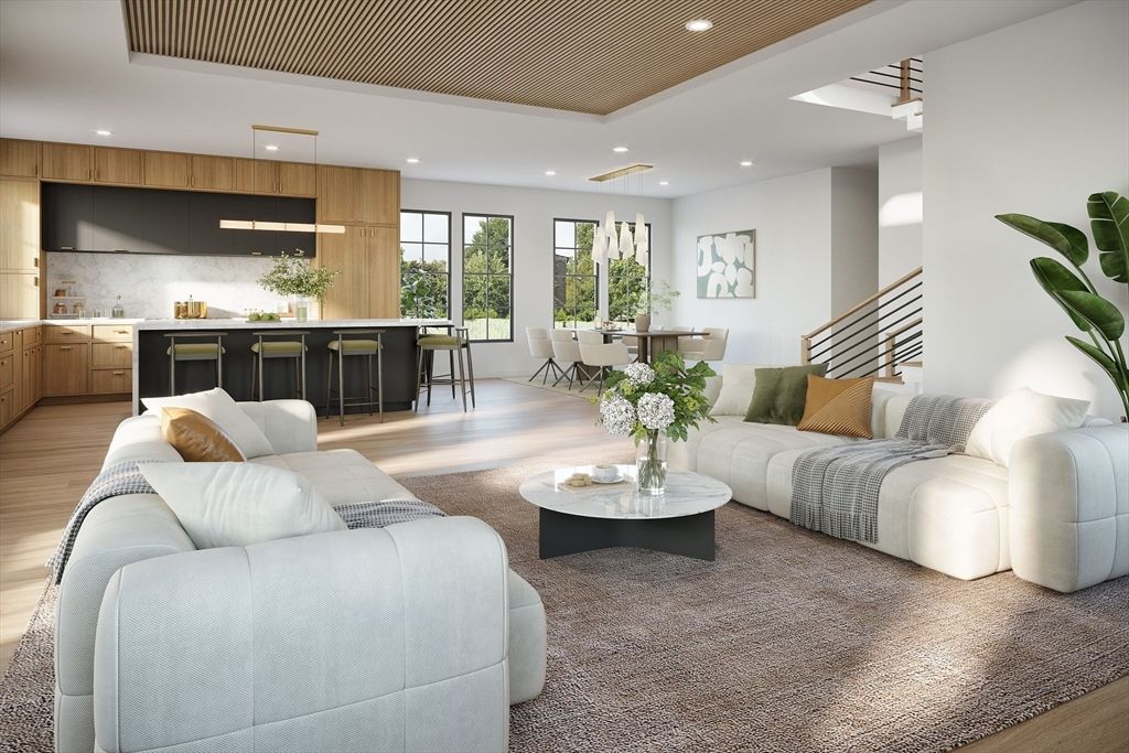 Dining room, Interior, Kitchen, Living room, Marble Walls, Pendant Lights, Recessed Lighting, Wood Texture Flooring