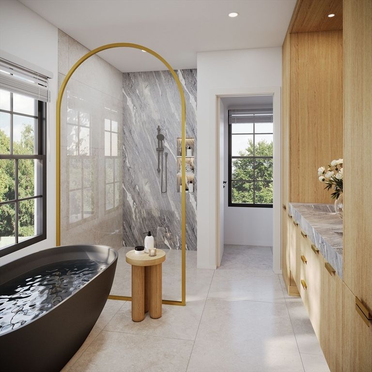 Bathroom, Interior, Marble Walls, Recessed Lighting