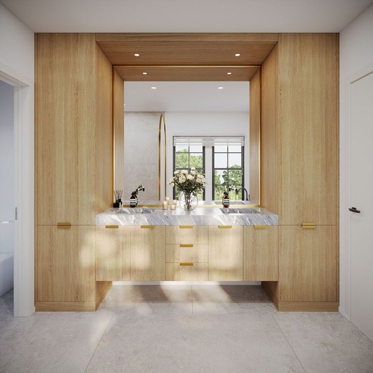 Bathroom, Dual Sink Vanities, Interior, Recessed Lighting, Wooden Ceilings, Wooden Walls