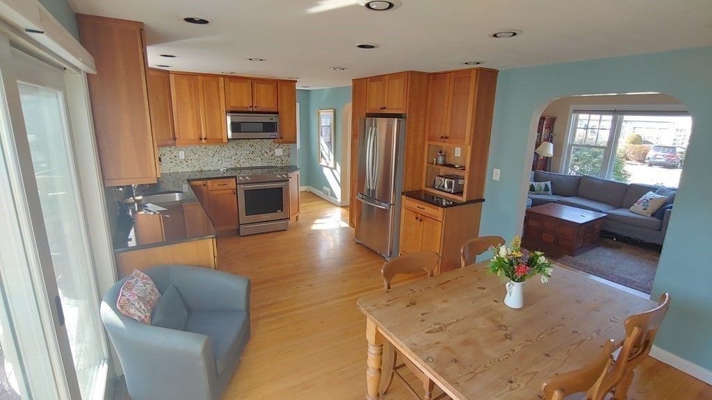 Dining room, Interior, Kitchen, Living room, Recessed Lighting, Stainless Steel Appliances, Wood Texture Flooring