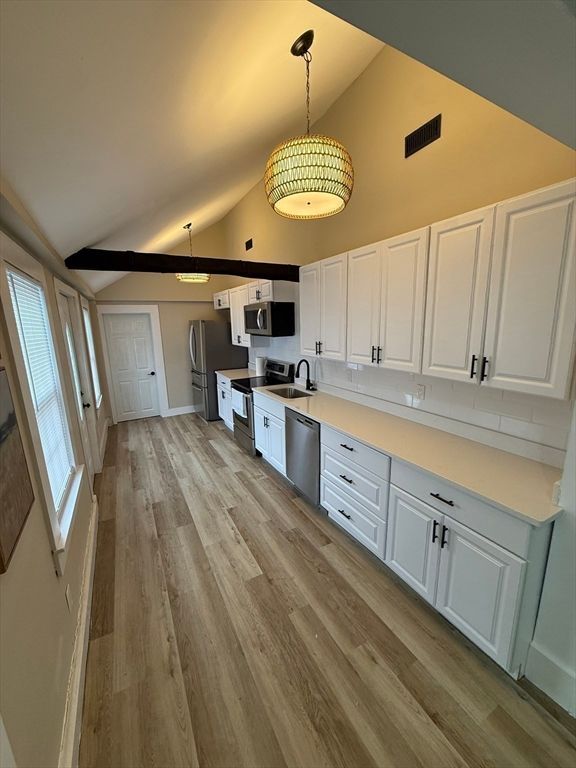 Interior, Kitchen, Pendant Lights, Stainless Steel Appliances, Wood Texture Flooring