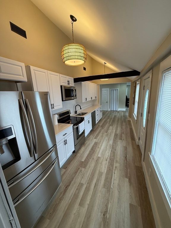 Interior, Kitchen, Pendant Lights, Stainless Steel Appliances, Wood Texture Flooring