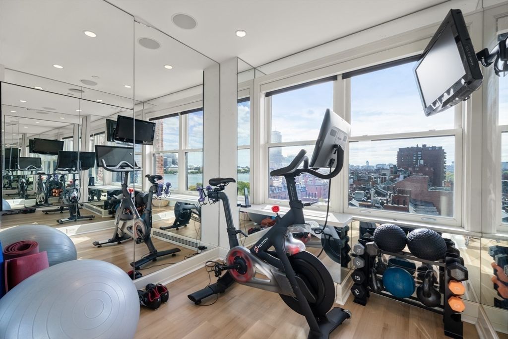 Fitness Equipment, Gym, Interior, Recessed Lighting, Wood Texture Flooring