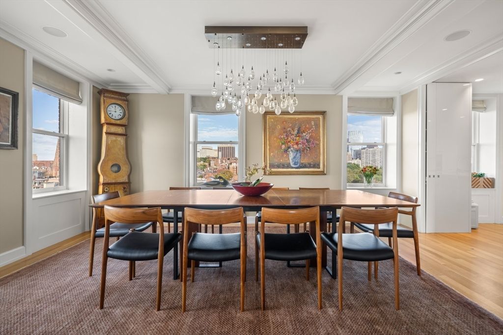 Dining room, Interior, Pendant Lights, Recessed Lighting, Wood Texture Flooring