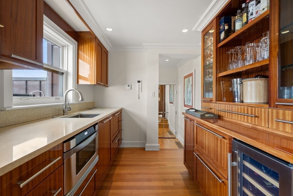 Interior, Kitchen, Recessed Lighting, Stainless Steel Appliances, Wood Texture Flooring