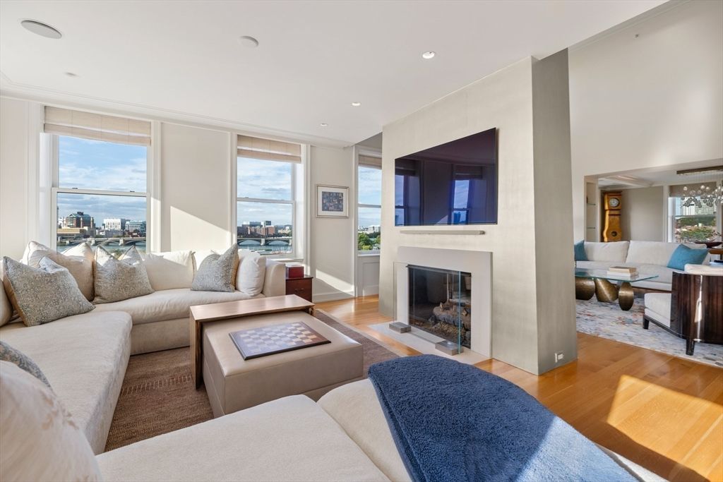 Fireplace, Interior, Living room, Recessed Lighting, Water, Wood Texture Flooring