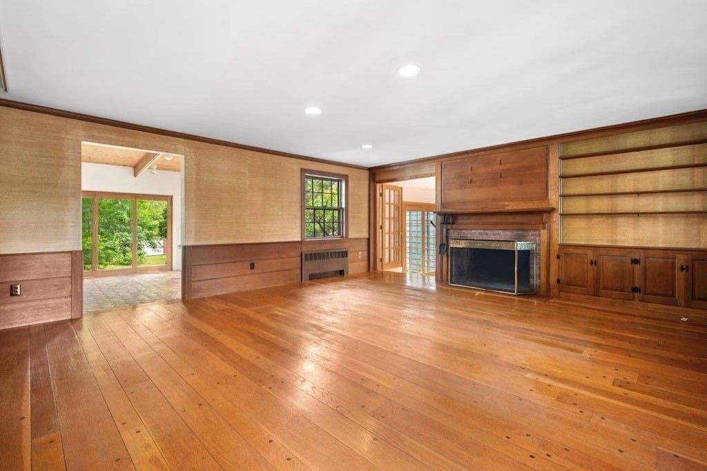 Empty room, Fireplace, Interior, Recessed Lighting, Wood Texture Flooring, Wooden Walls