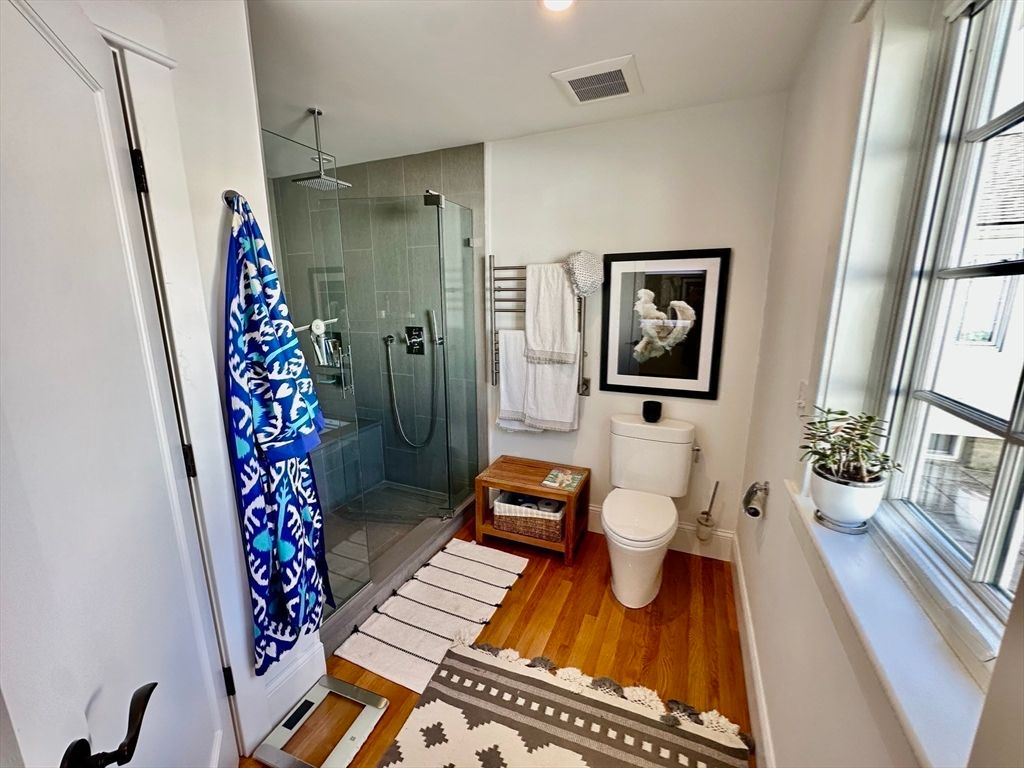 Bathroom, Glass Shower, Interior, Recessed Lighting, Wood Texture Flooring