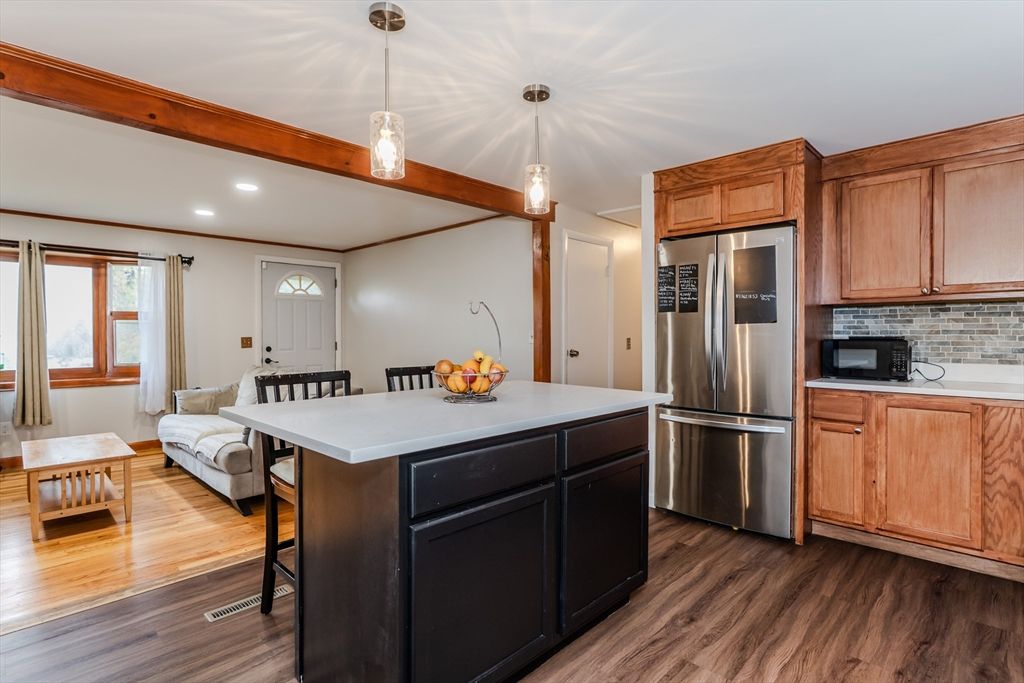 Interior, Kitchen, Pendant Lights, Recessed Lighting, Stainless Steel Appliances, Wooden Beams, Wood Texture Flooring