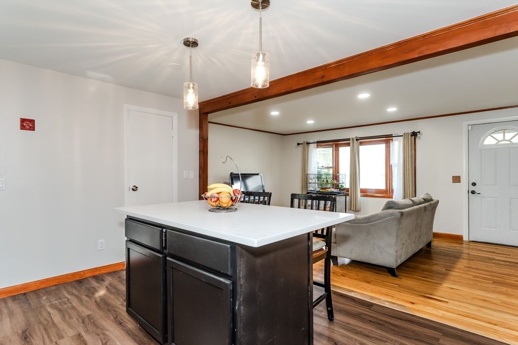 Dining room, Interior, Pendant Lights, Recessed Lighting, Wooden Beams, Wood Texture Flooring