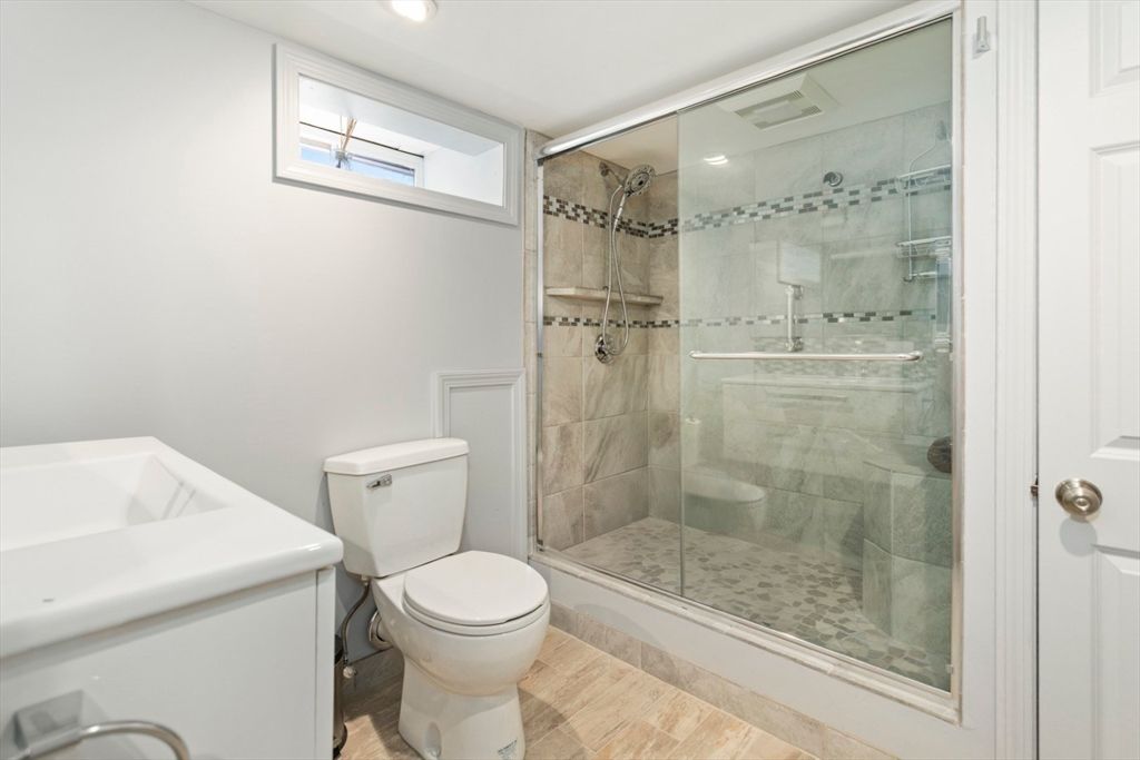 Bathroom, Glass Shower, Interior, Recessed Lighting, Wood Texture Flooring