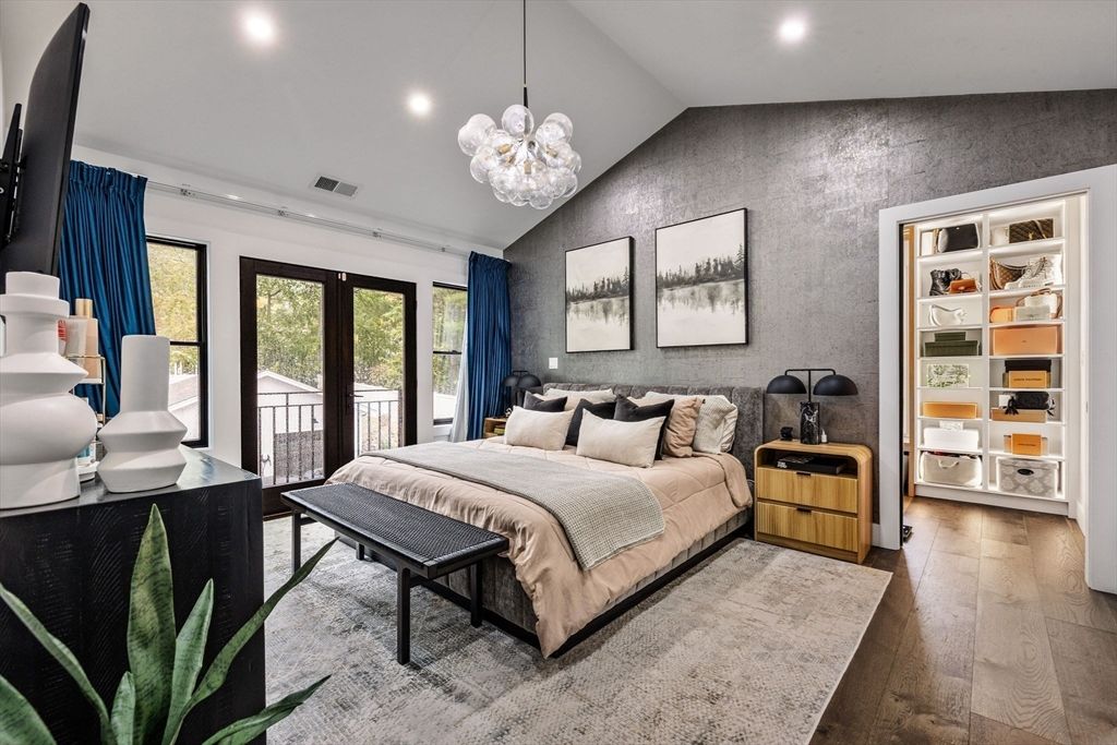 Bedroom, Chandelier, Interior, Recessed Lighting, Wood Texture Flooring
