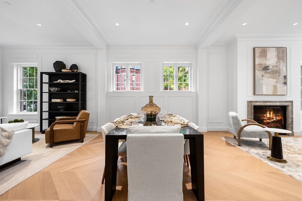 Dining room, Fireplace, Interior, Living room, Recessed Lighting, Wood Texture Flooring