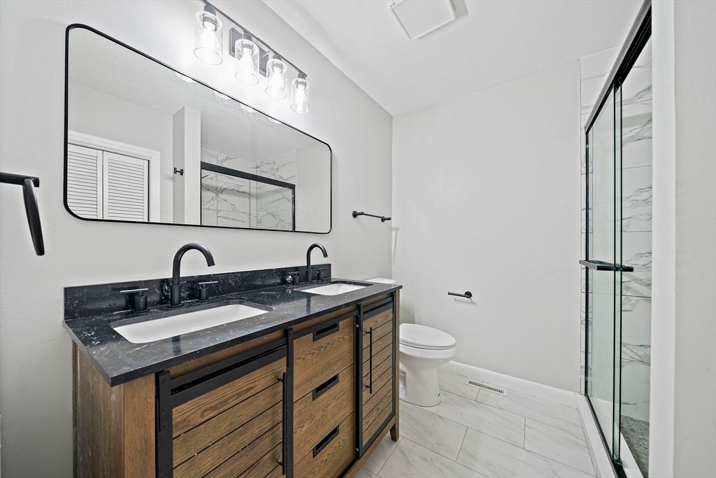 Bathroom, Dual Sink Vanities, Glass Shower, Interior, Marble, Marble Walls