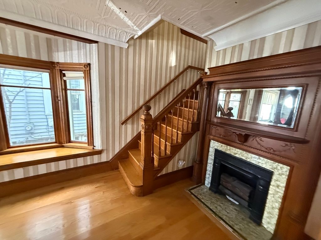 Fireplace, Interior, Pendant Lights, Wood Texture Flooring