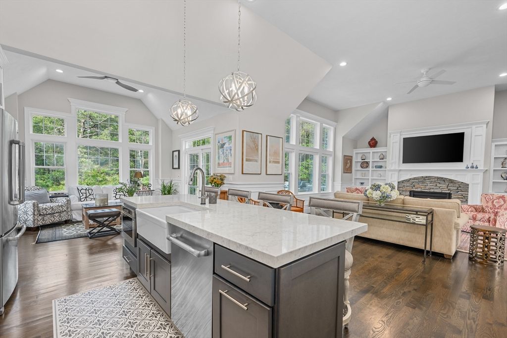 Dining room, Fireplace, Interior, Kitchen, Living room, Pendant Lights, Recessed Lighting, Wood Texture Flooring