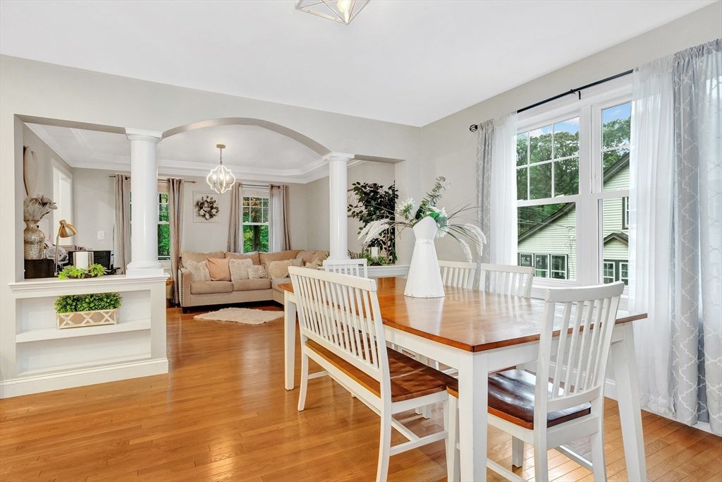 Dining room, Interior, Pendant Lights, Wood Texture Flooring