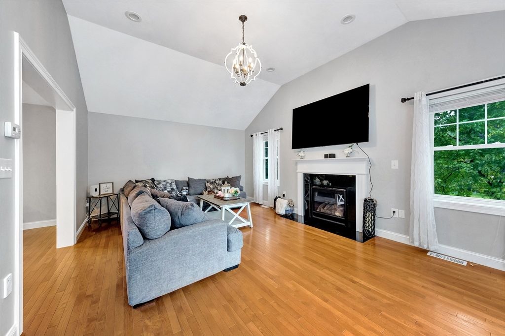 Fireplace, Interior, Living room, Pendant Lights, Wood Texture Flooring