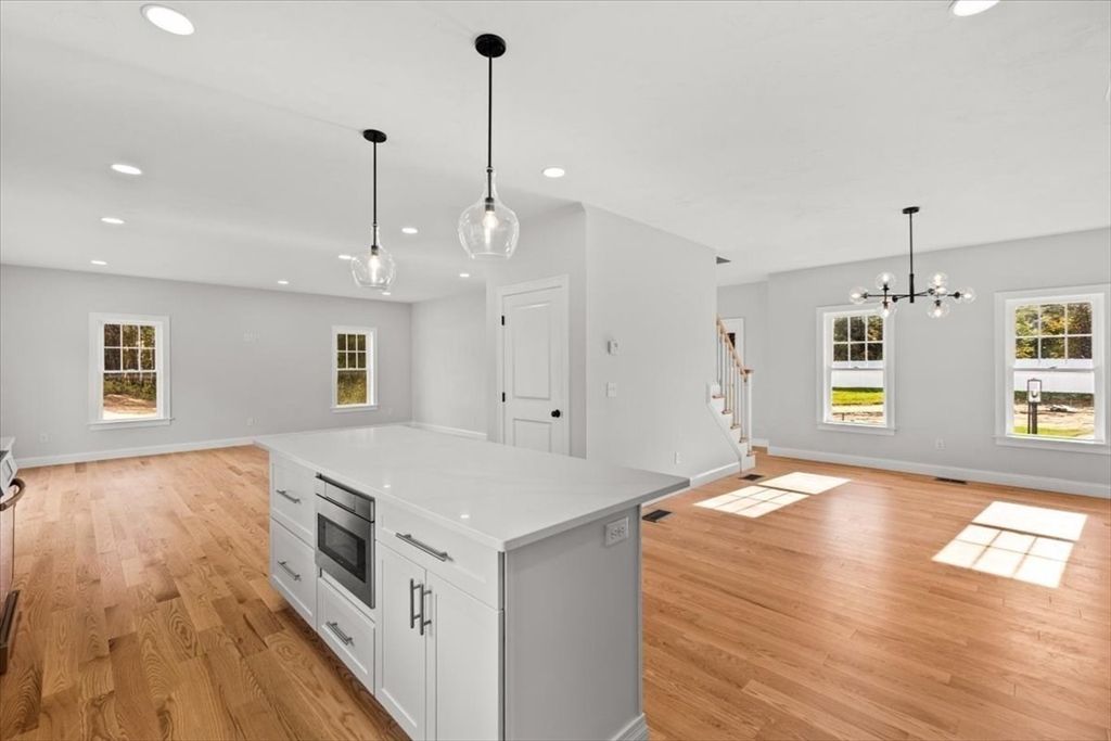 Empty room, Interior, Kitchen, Pendant Lights, Recessed Lighting, Wood Texture Flooring