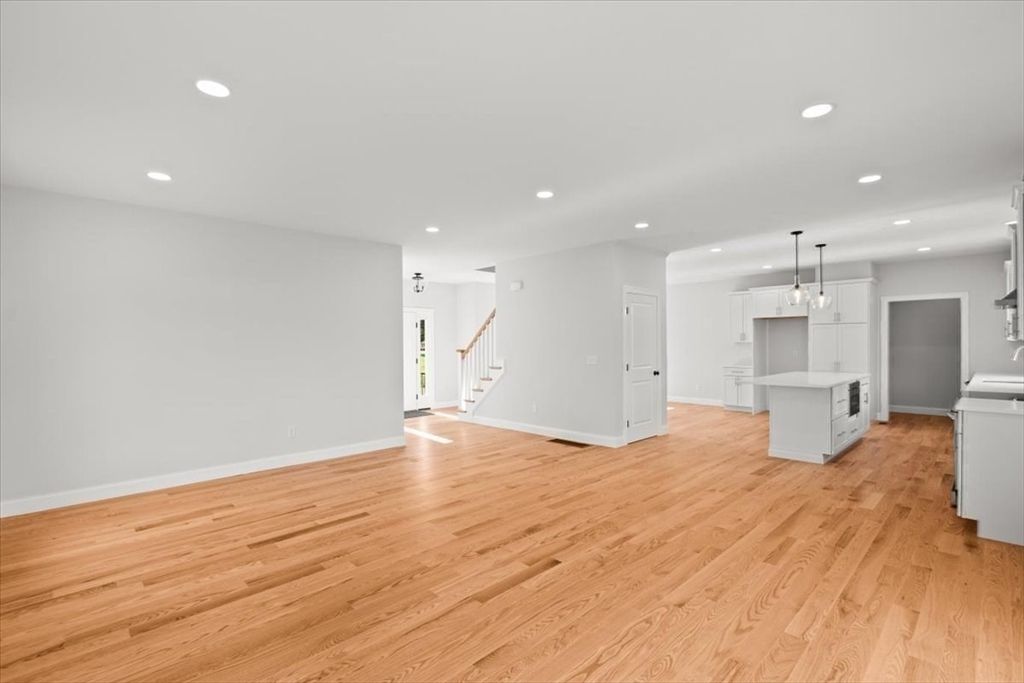 Empty room, Interior, Kitchen, Pendant Lights, Recessed Lighting, Wood Texture Flooring