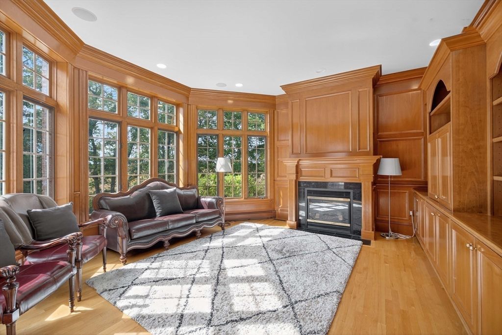 Fireplace, Interior, Living room, Recessed Lighting, Wood Texture Flooring, Wooden Walls