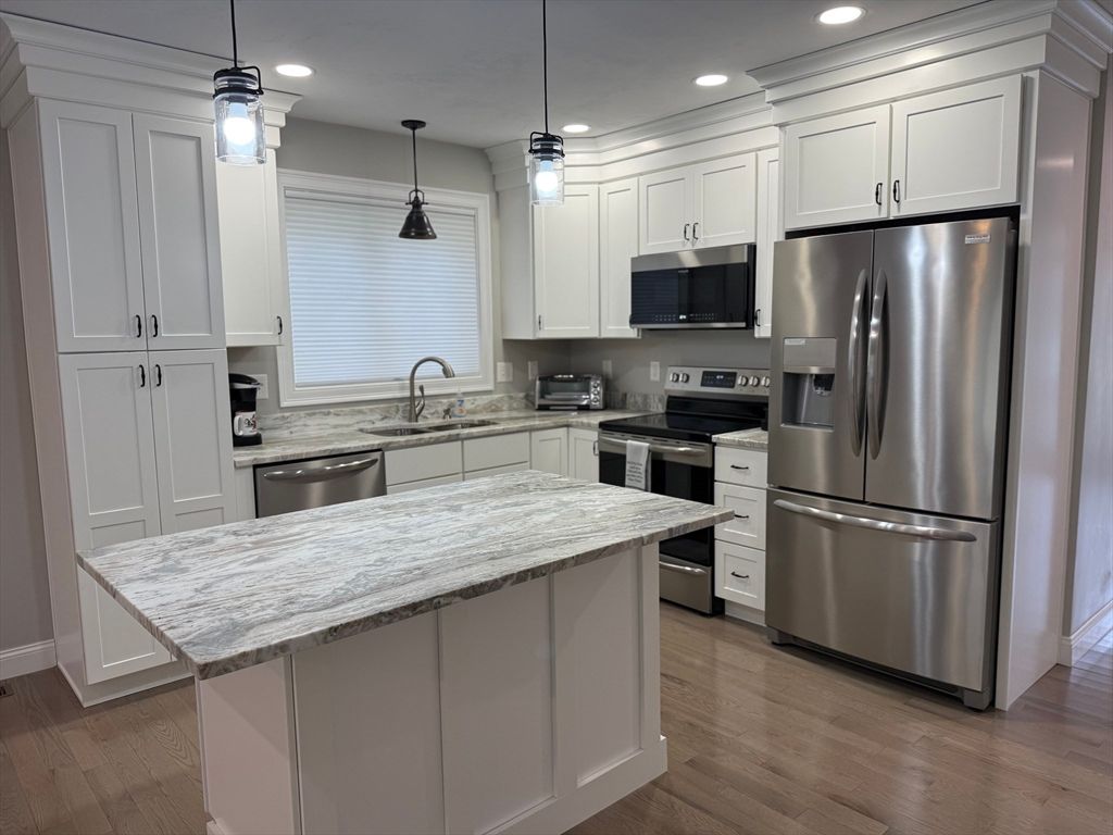 Interior, Kitchen, Pendant Lights, Recessed Lighting, Stainless Steel Appliances, Wood Texture Flooring