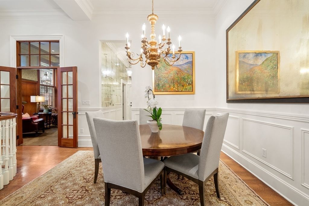 Chandelier, Dining room, Interior, Wood Texture Flooring