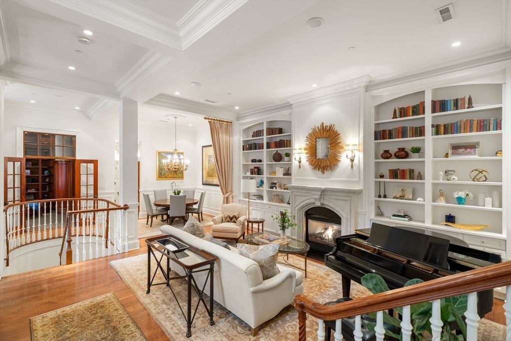 Chandelier, Dining room, Fireplace, Interior, Living room, Piano, Recessed Lighting, Wood Texture Flooring