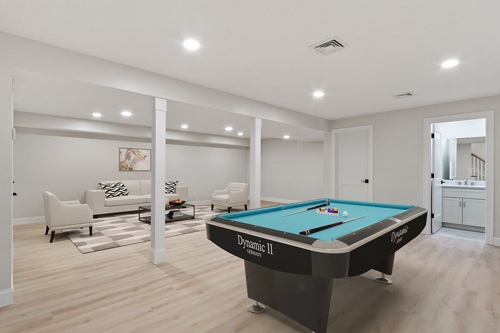 Billiard Table, Game Room, Interior, Recessed Lighting, Wood Texture Flooring