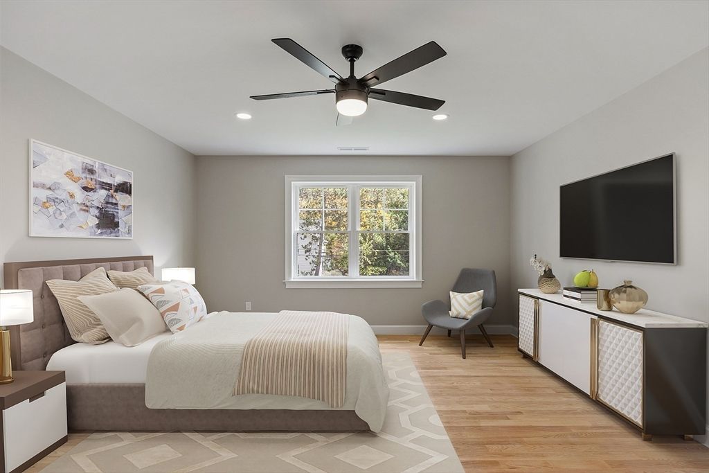 Bedroom, Interior, Recessed Lighting, Wood Texture Flooring