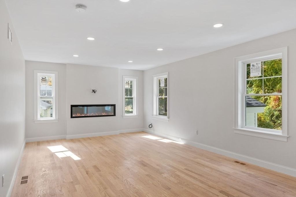 Empty room, Fireplace, Interior, Recessed Lighting, Wood Texture Flooring