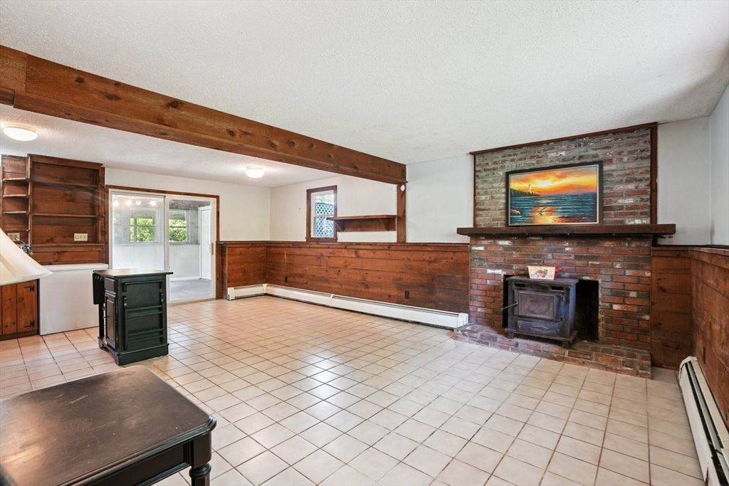 Empty room, Fireplace, Interior, Stone Walls, Wooden Beams, Wooden Walls