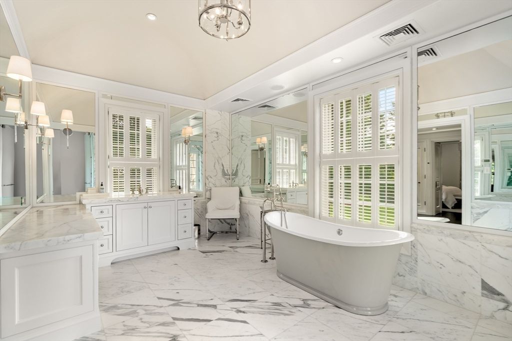 Bathroom, Free Standing Baths, Glass Shower, Interior, Marble, Marble Walls, Recessed Lighting