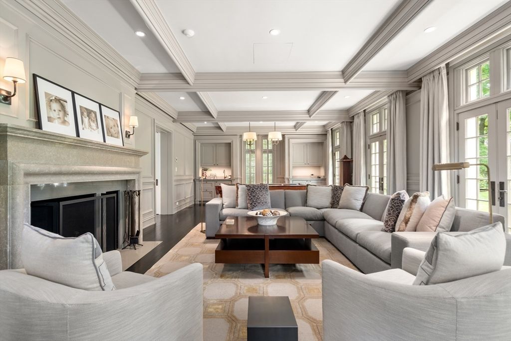 Fireplace, Interior, Living room, Pendant Lights, Recessed Lighting, Wood Texture Flooring