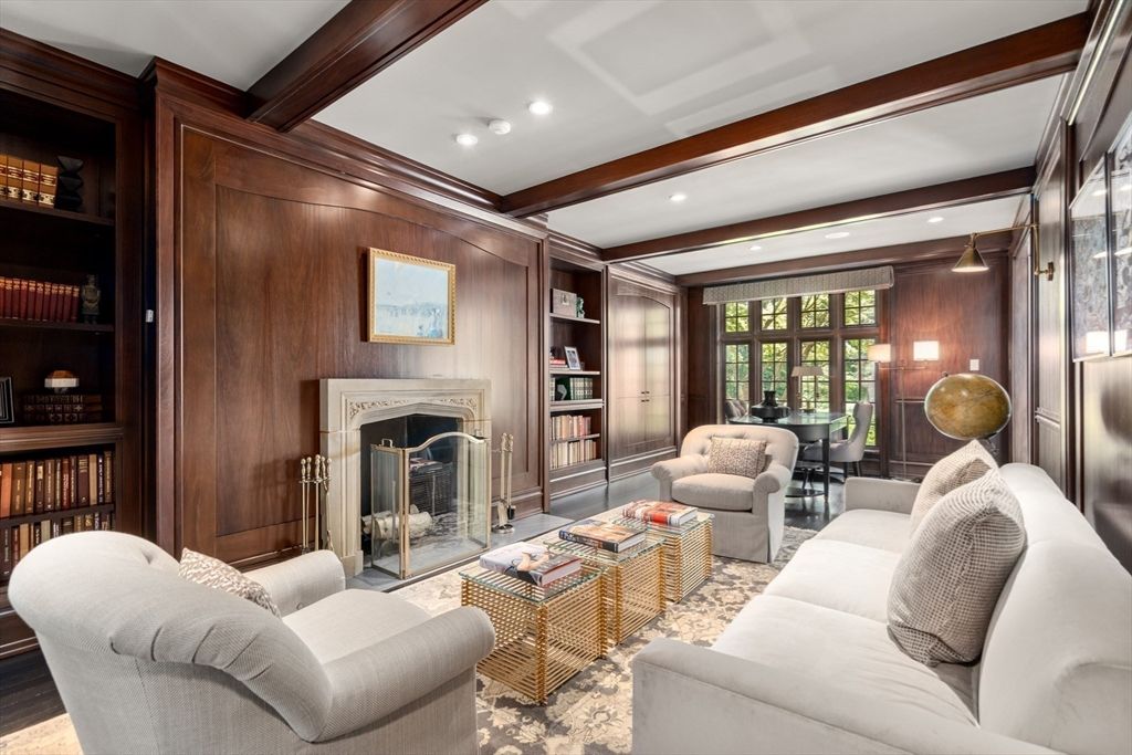 Fireplace, Interior, Living room, Recessed Lighting, Wooden Beams, Wood Texture Flooring, Wooden Walls