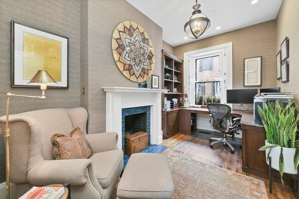 Fireplace, Home Office, Interior, Pendant Lights, Recessed Lighting, Wood Texture Flooring