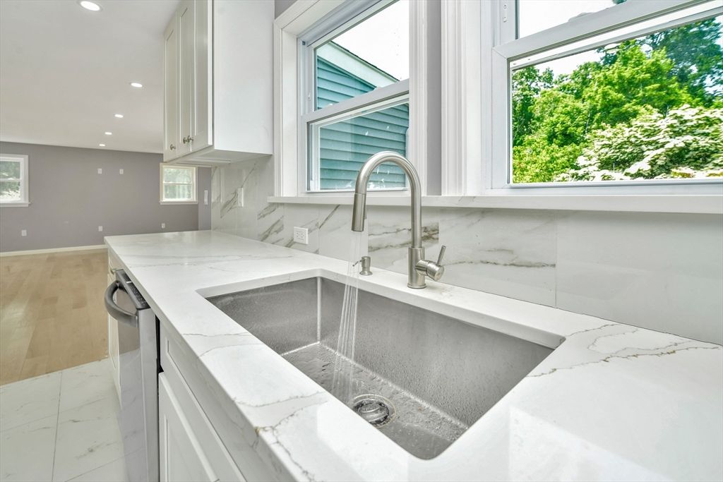 Interior, Kitchen, Marble Walls, Recessed Lighting, Wood Texture Flooring