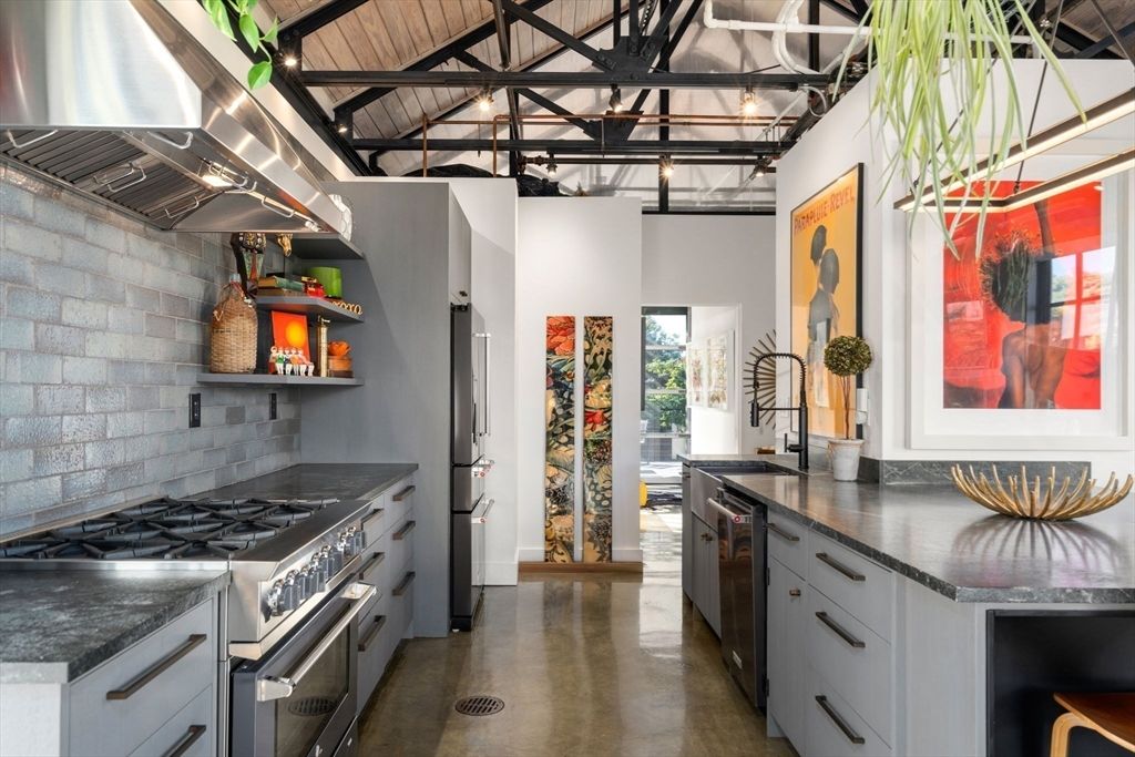 Interior, Kitchen, Stainless Steel Appliances, Stone Walls, Wooden Beams