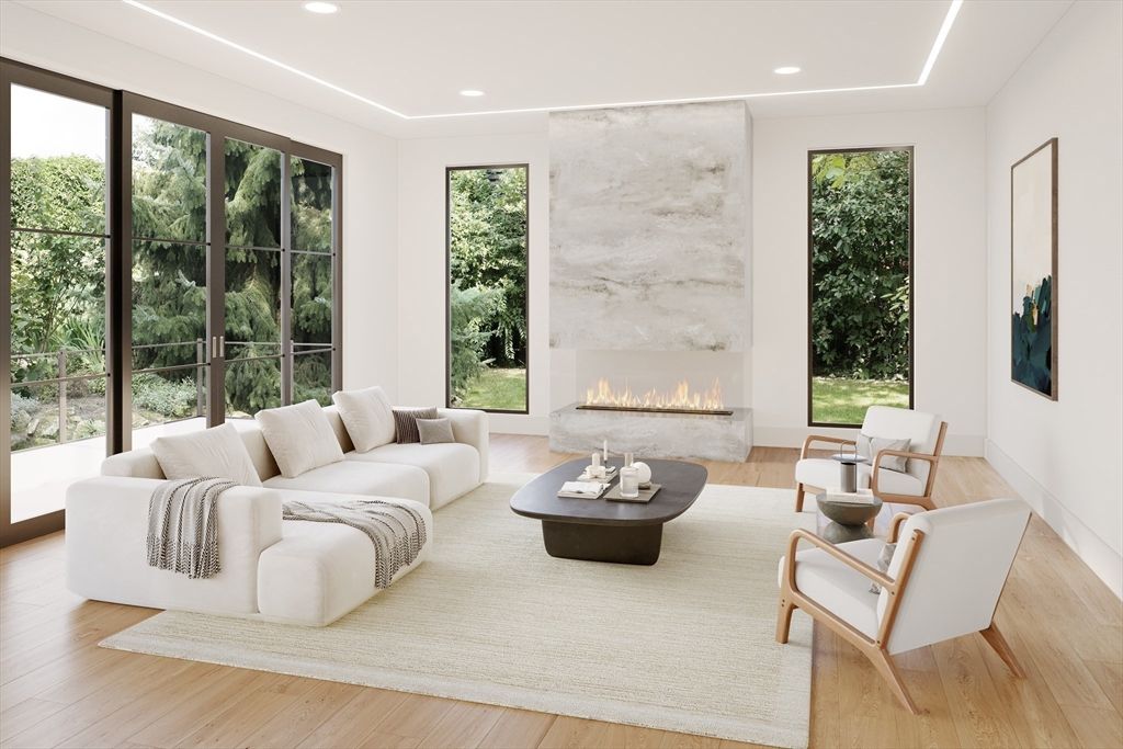 Fireplace, Interior, Living room, Marble Walls, Recessed Lighting, Wood Texture Flooring