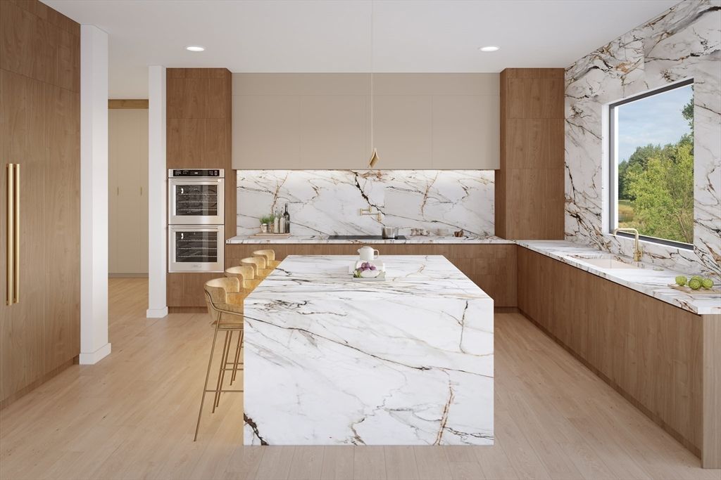 Dining room, Interior, Kitchen, Marble Walls, Recessed Lighting, Stainless Steel Appliances, Wood Texture Flooring