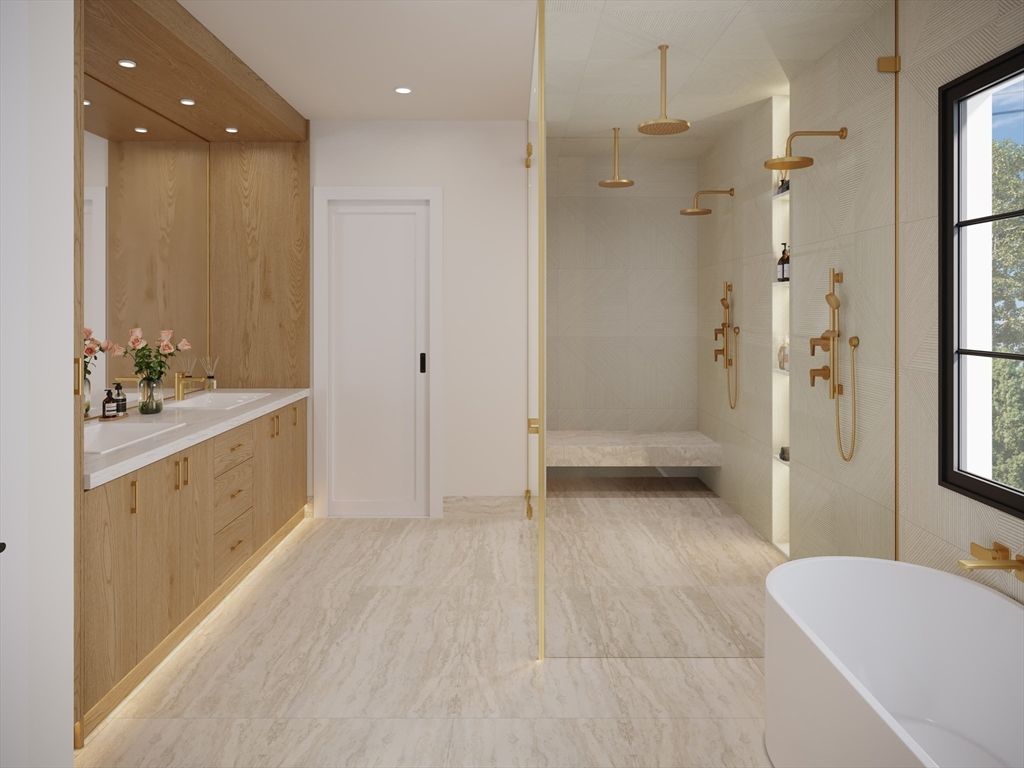 Bathroom, Free Standing Baths, Glass Shower, Interior, Marble, Recessed Lighting