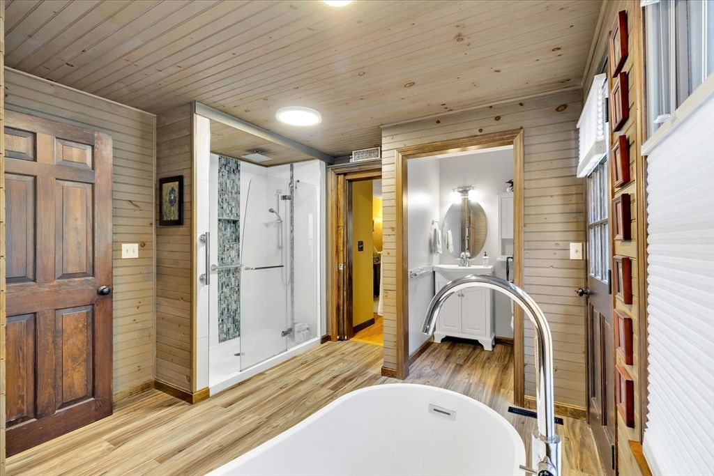 Bathroom, Free Standing Baths, Interior, Recessed Lighting, Wooden Ceilings, Wood Texture Flooring, Wooden Walls