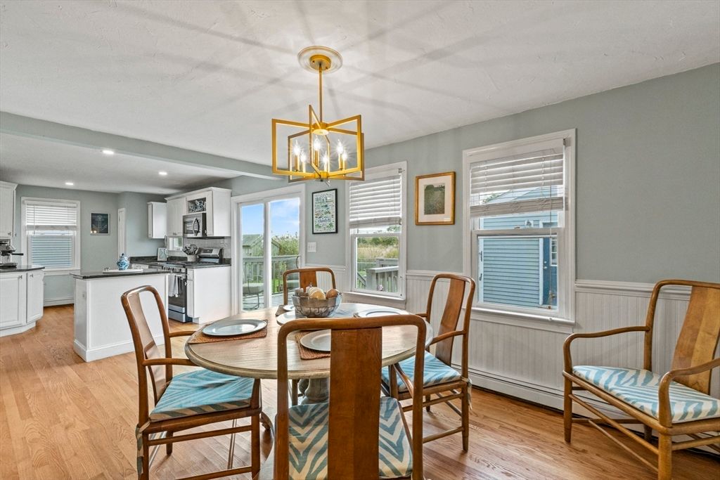 Dining room, Interior, Kitchen, Pendant Lights, Recessed Lighting, Wood Texture Flooring