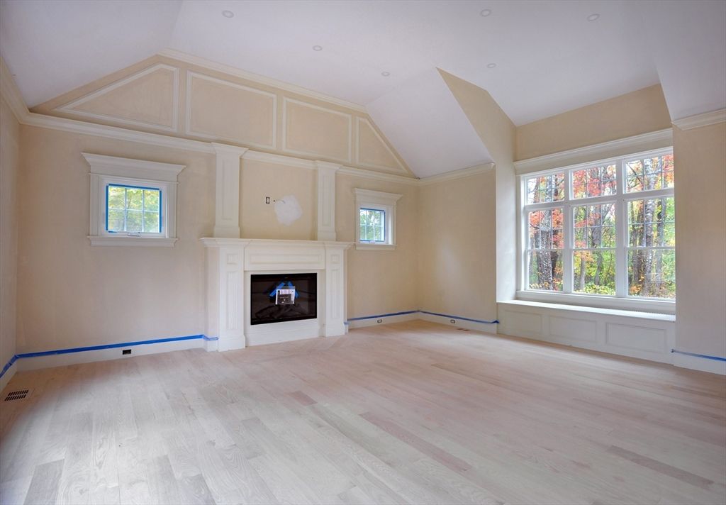 Empty room, Fireplace, Interior, Recessed Lighting, Wood Texture Flooring