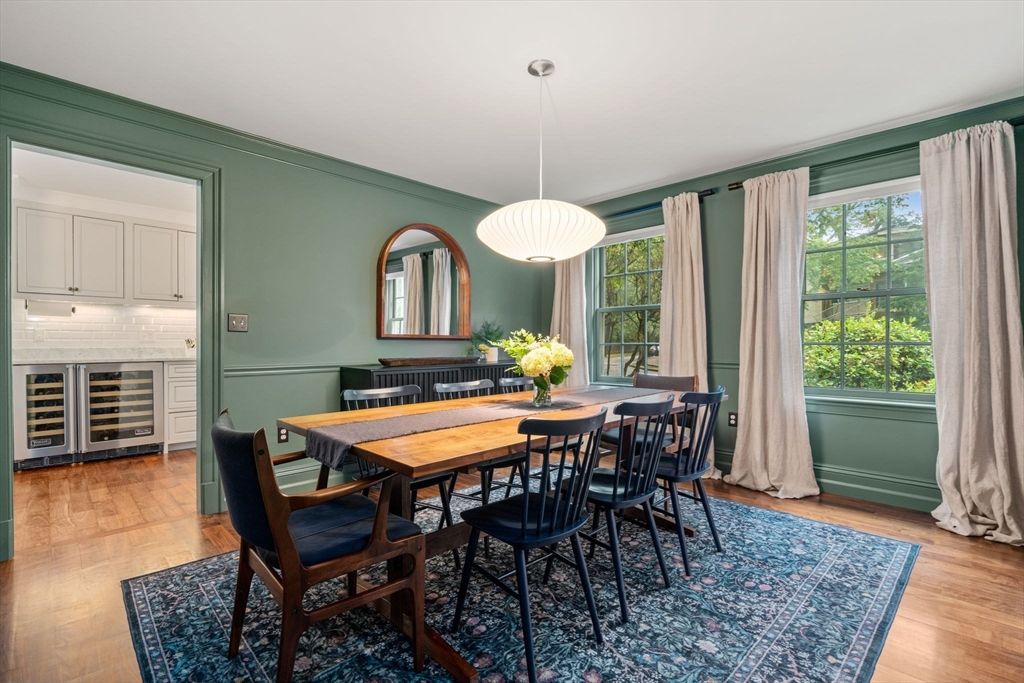 Dining room, Interior, Pendant Lights, Wood Texture Flooring