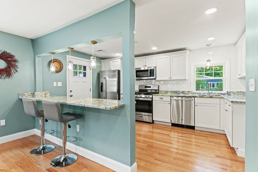 Interior, Kitchen, Pendant Lights, Recessed Lighting, Stainless Steel Appliances, Wood Texture Flooring