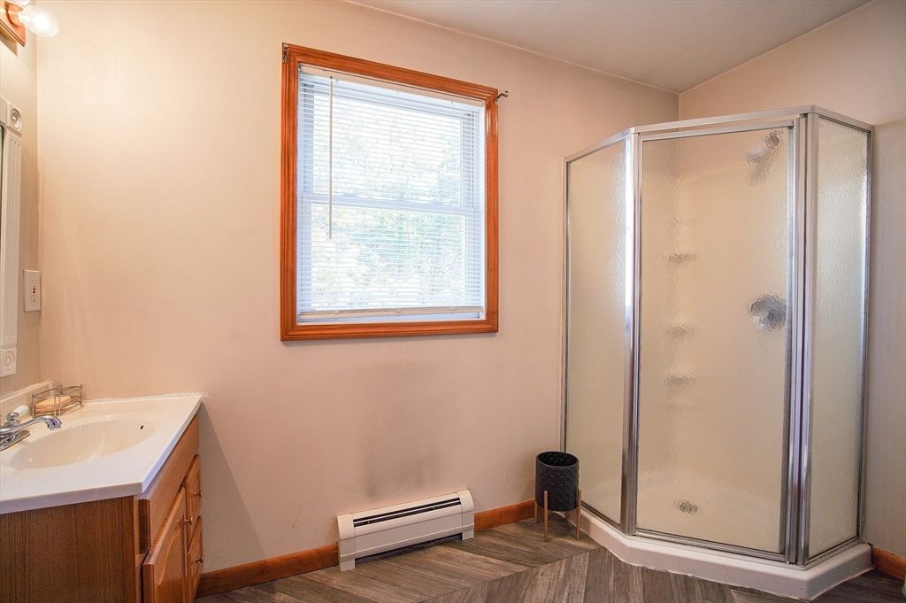 Bathroom, Glass Shower, Interior, Wood Texture Flooring