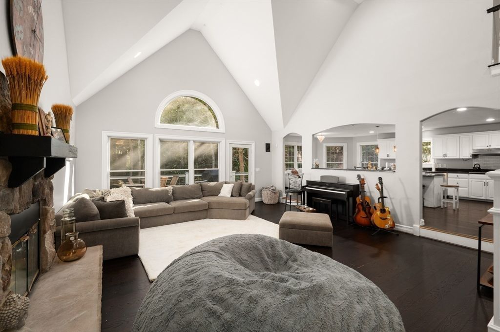 Fireplace, Interior, Kitchen, Living room, Piano, Recessed Lighting, Wood Texture Flooring